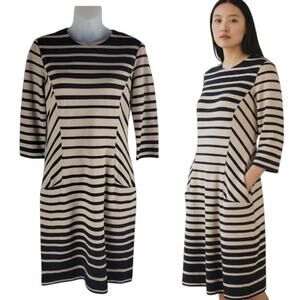 J Mclaughlin 3/4 Sleeve Sheath Dress Striped Pockets Crew Neck Size XS